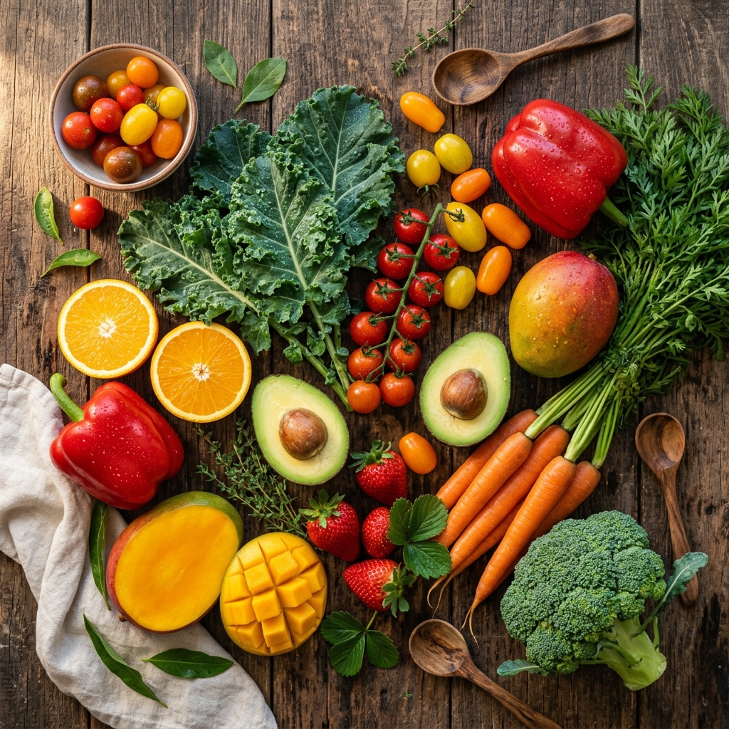 Fresh fruits and vegetables beautifully arranged